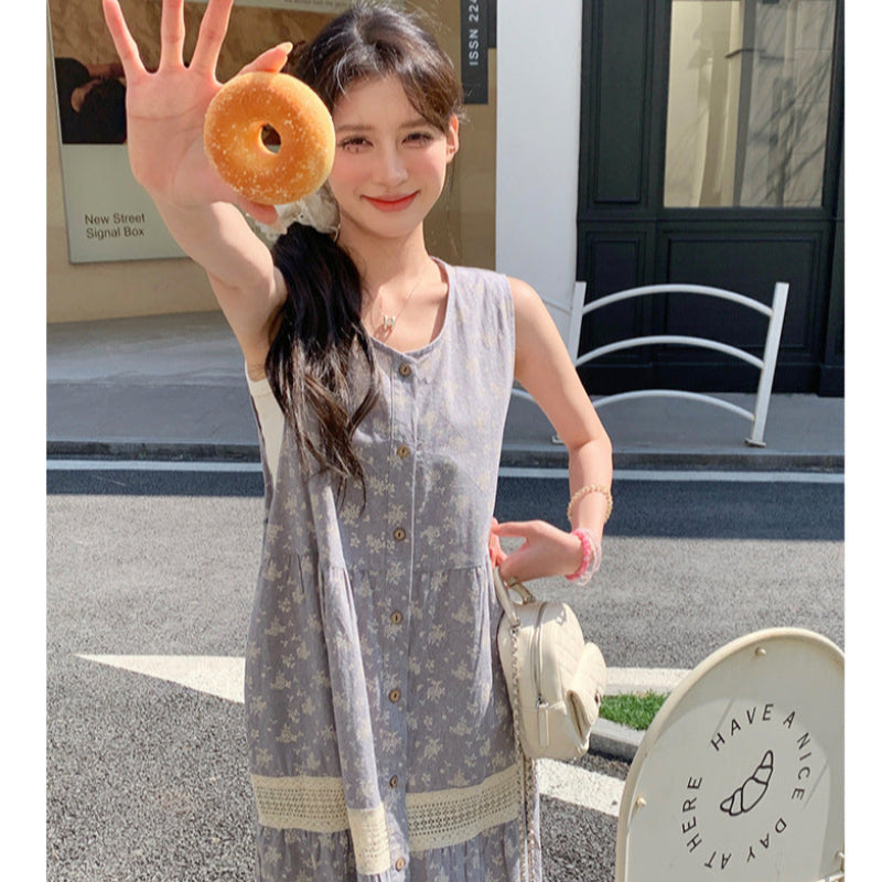 小花柄ノースリーブグレーワンピース