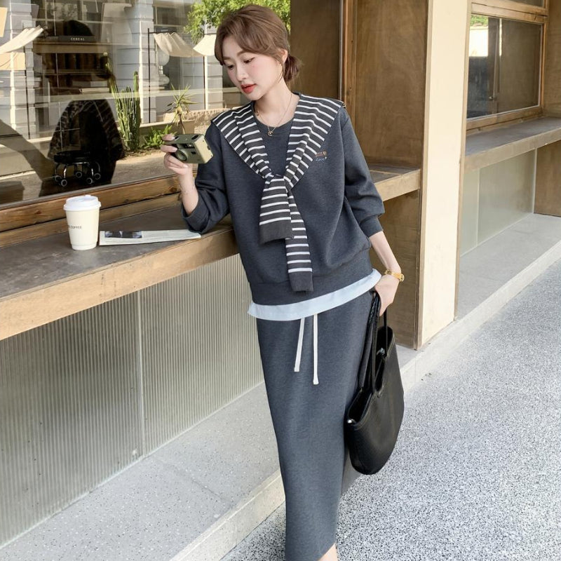 ボーダーショール付きスウェット×スカートセットアップ(2colors)