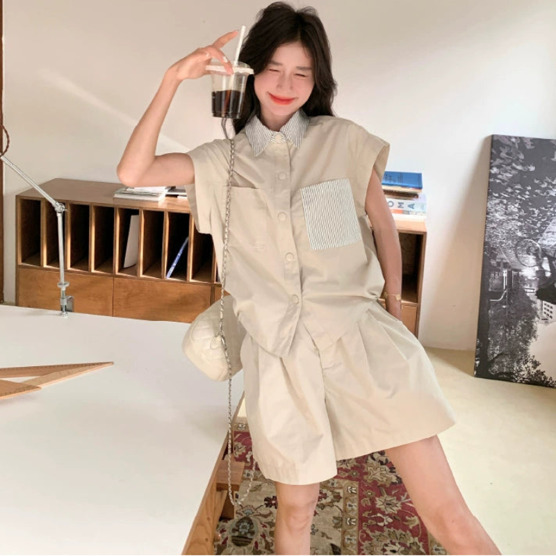 ストライプ切り替えシャツ×ショートパンツセットアップ