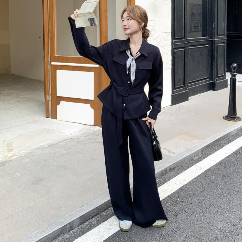 ウエストベルトシャツ×ワイドパンツセットアップ(2colors)