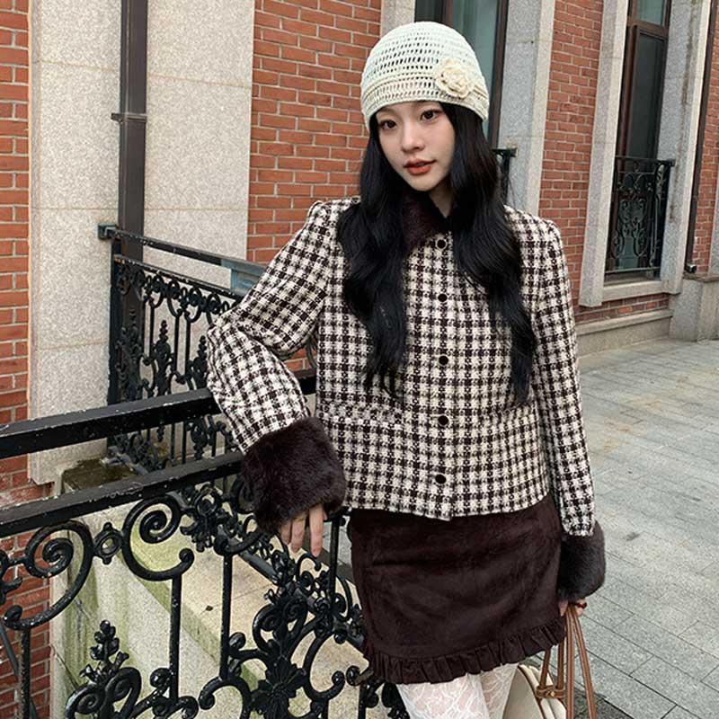 ファーカフスチェックショートコート