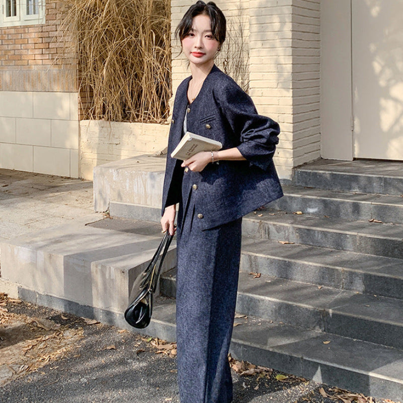 ノーカラージャケット×ワイドパンツセット