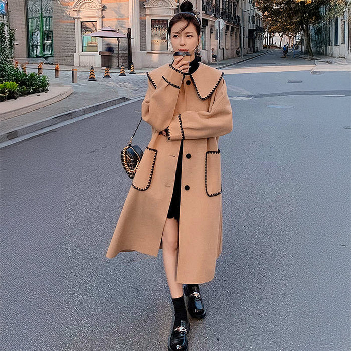 スカラップ刺繍ビッグカラーロングコート