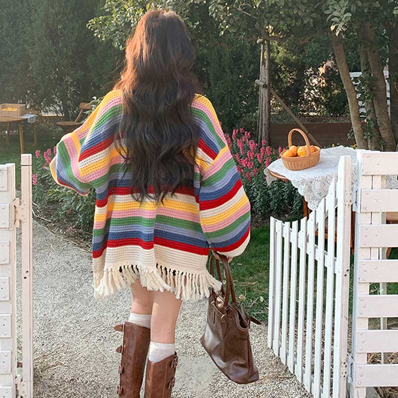 マルチボーダーフリンジカーディガン