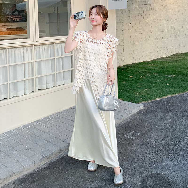 フラワーレースベスト×サテンキャミワンピ
