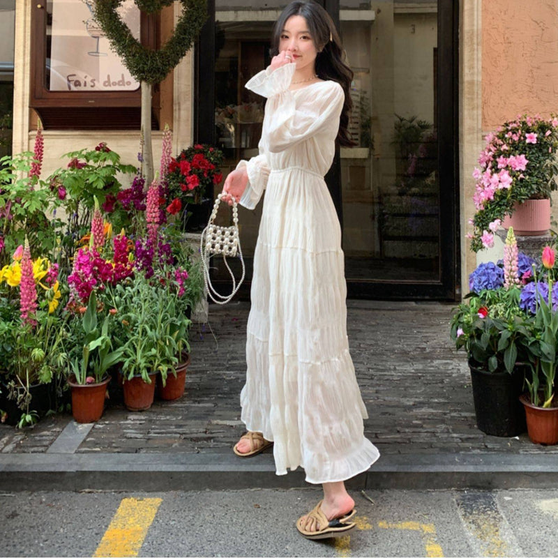 シフォンティアードワンピース （白） 春/夏/秋 休日のお出かけや
