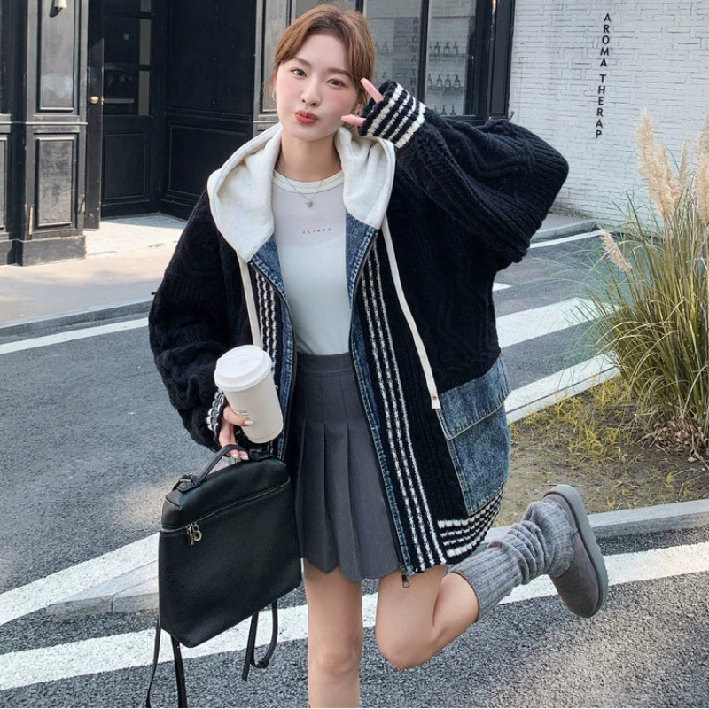 デニムパッチワークニットカーディガン