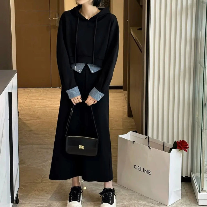 ショート丈パーカー×ロングスカートスウェットセット(2colors)