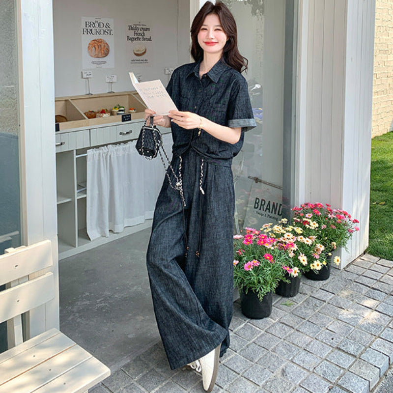 ライトデニムシャツ×ワイドパンツセット