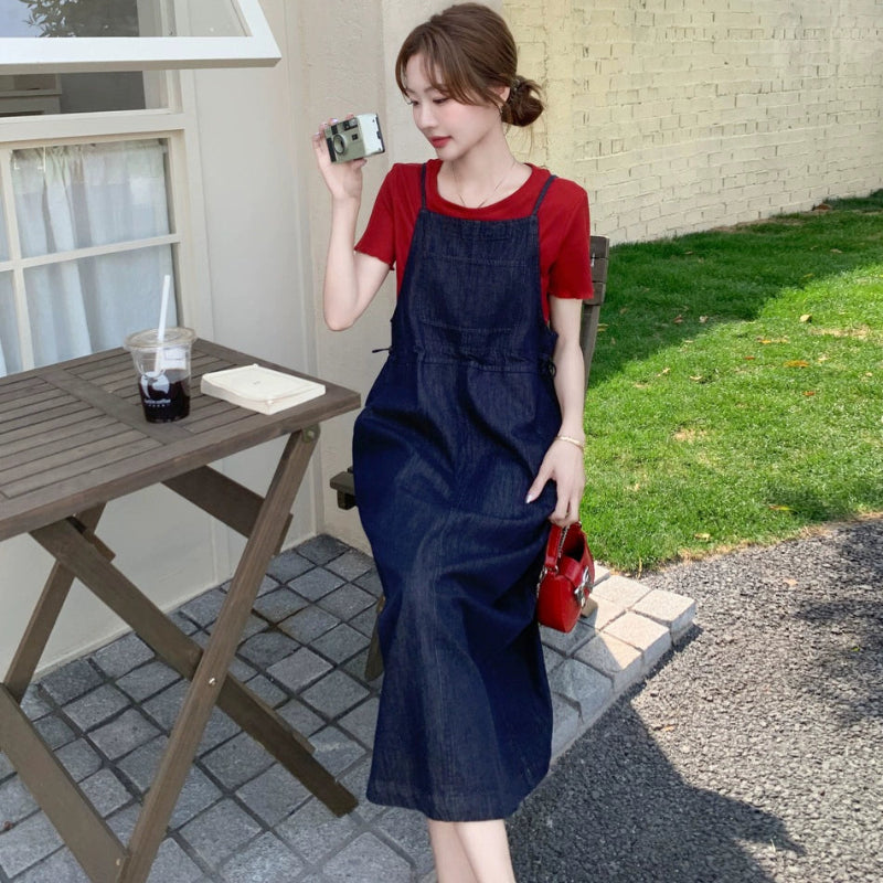 半袖Tシャツ×デニムサスペンダースカートセット