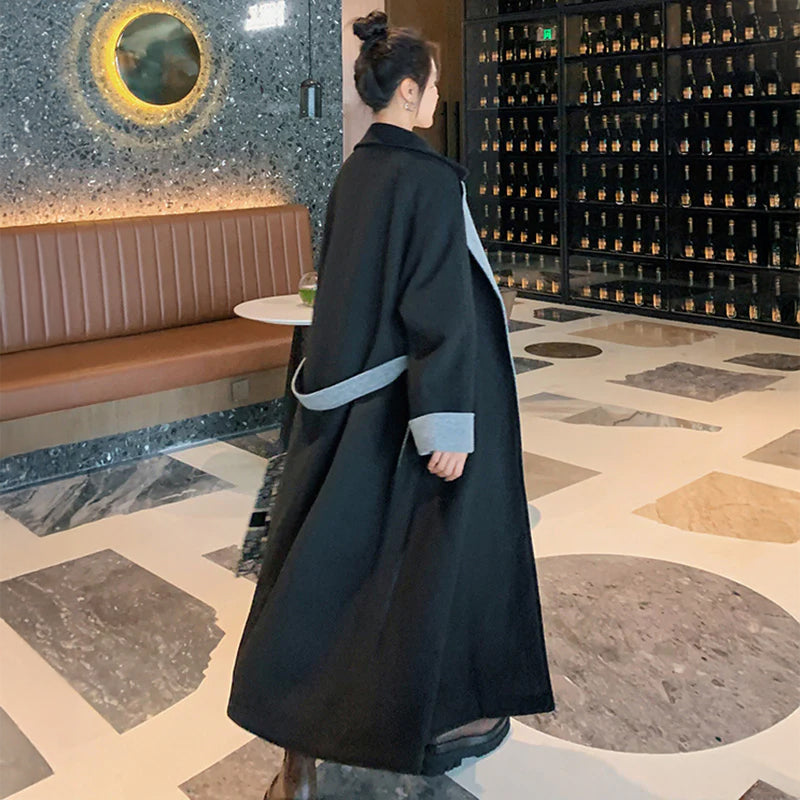 ウエストベルト付きバイカラーウールコート 黒・グレー 秋/冬 オフィス