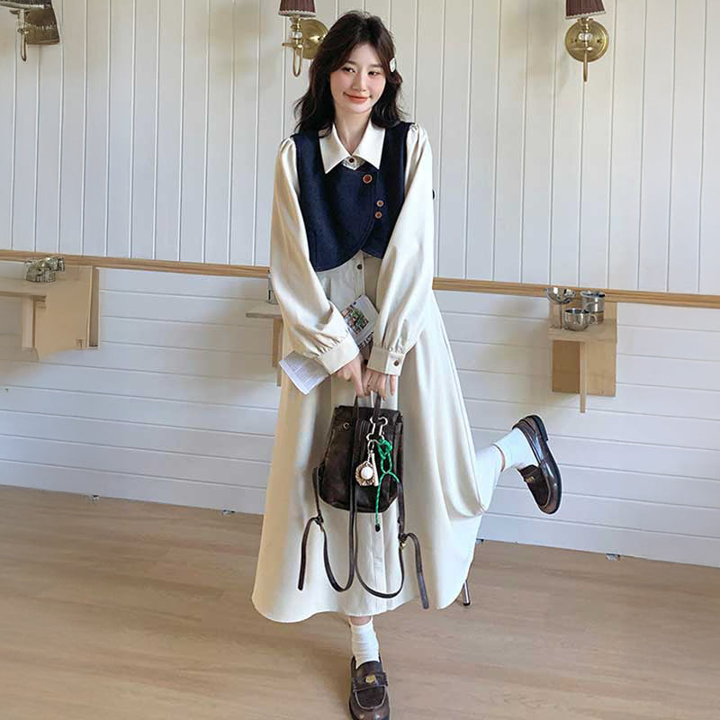 デニムショートベスト×シャツワンピース