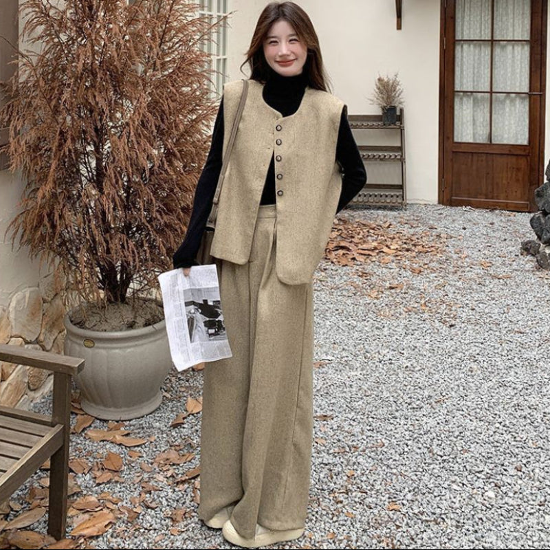 フロントボタンベスト×ワイドパンツセット