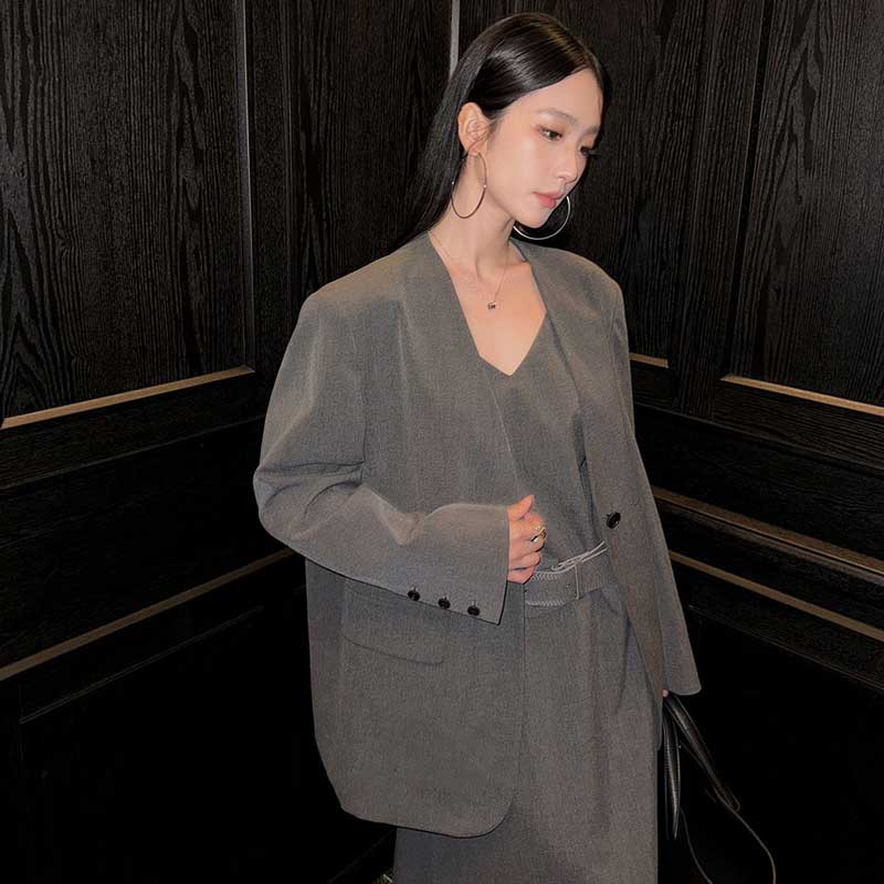 ワイドベルト付きノーカラージャケット(2colors)