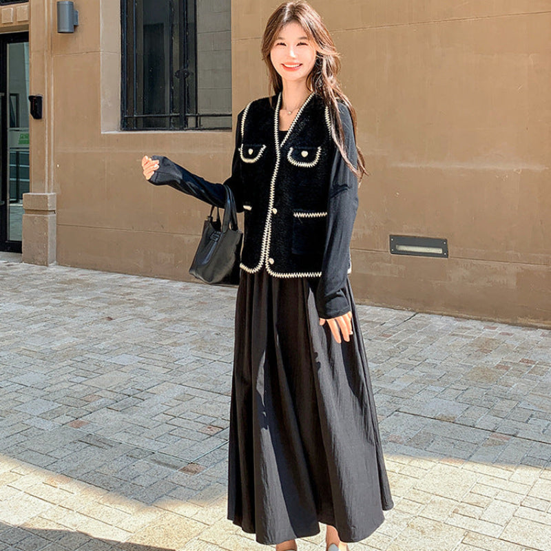 ツイードベスト×異素材切り替えワンピース