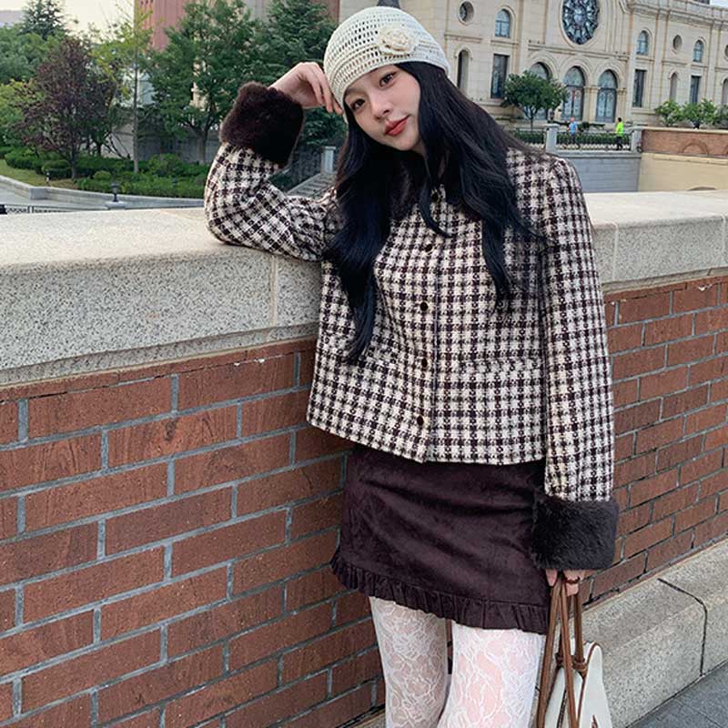 ファーカフスチェックショートコート