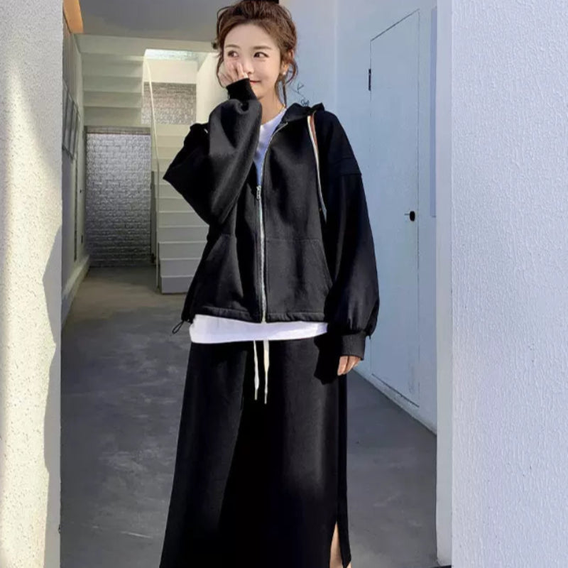 オーバーサイズパーカー×スリットスカートセット(Black)