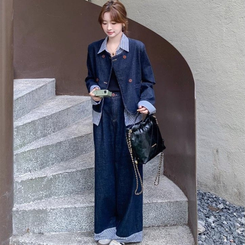 レイヤードデニムジャケット×ワイドデニムパンツセットアップ