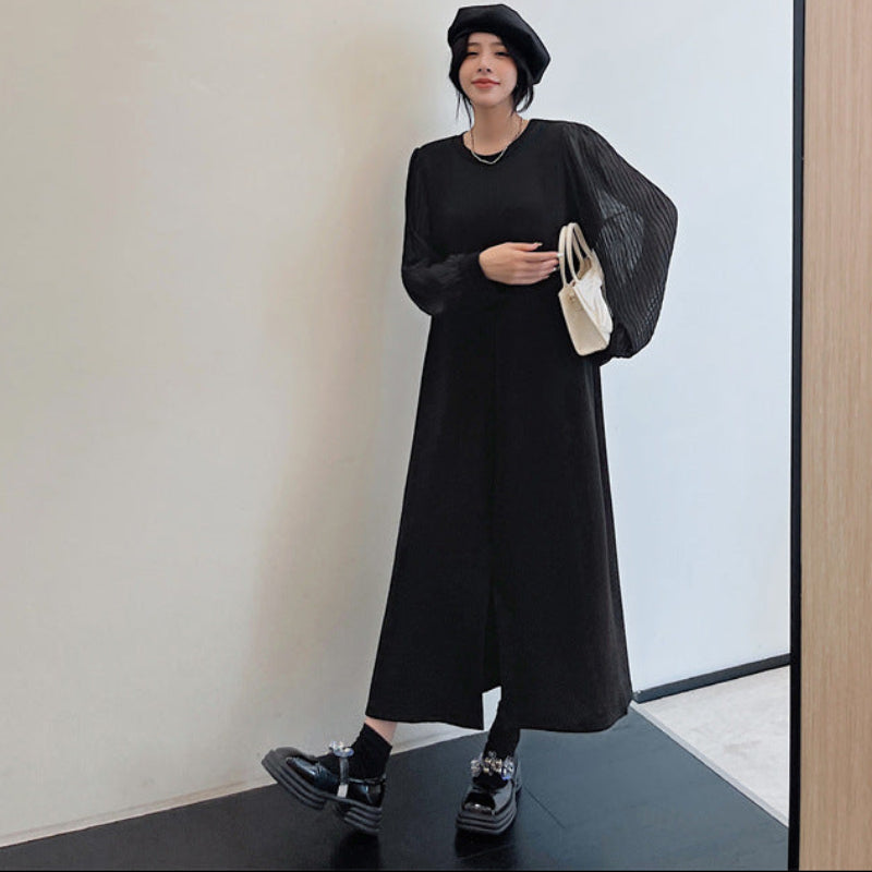 シフォンロングスリーブブラックワンピース