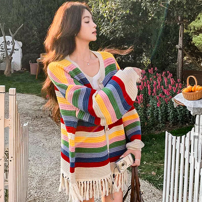 マルチボーダーフリンジカーディガン