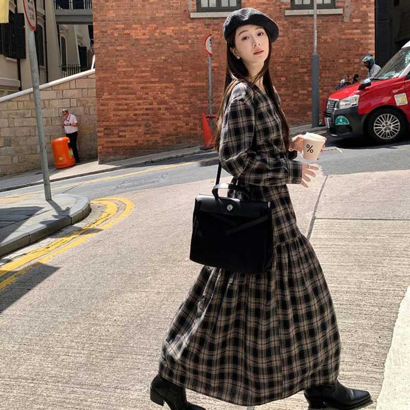 チェックロングフレアワンピース