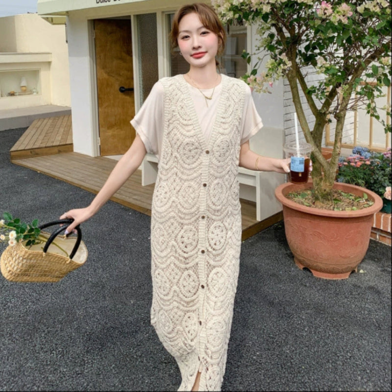 レースロングジレ×ハーフスリーブワンピース