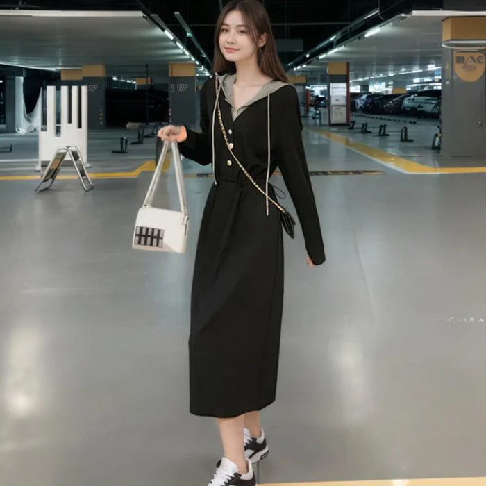 パーカーレイヤードニットワンピース