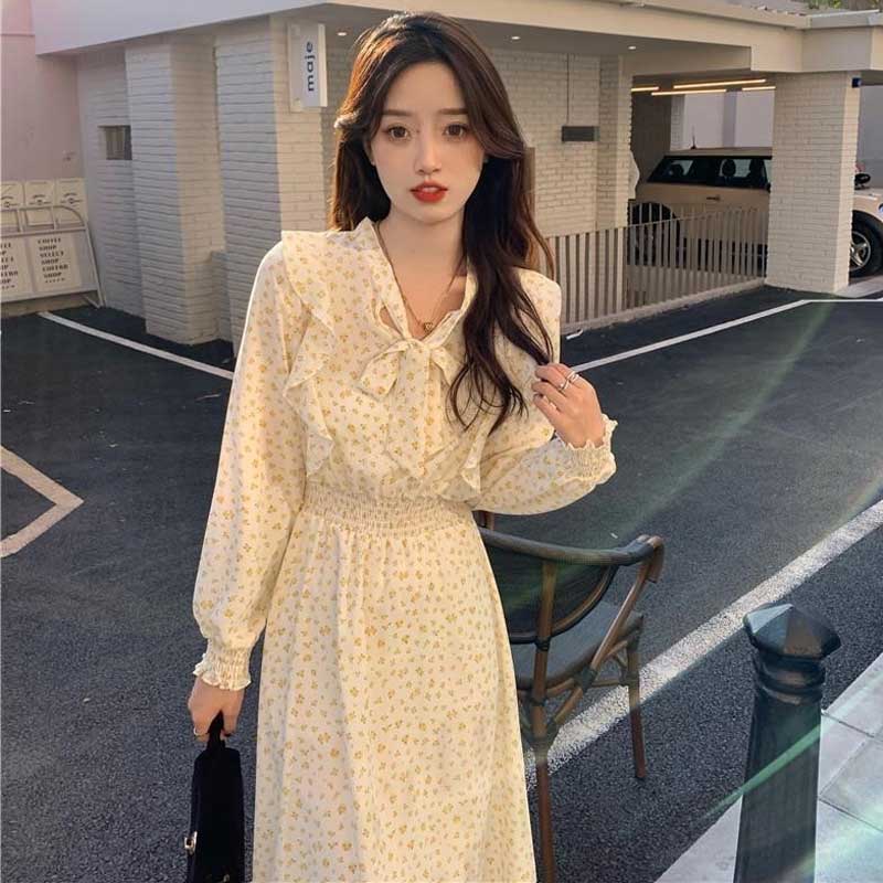 小花柄ボウタイフリルワンピース(3colors)