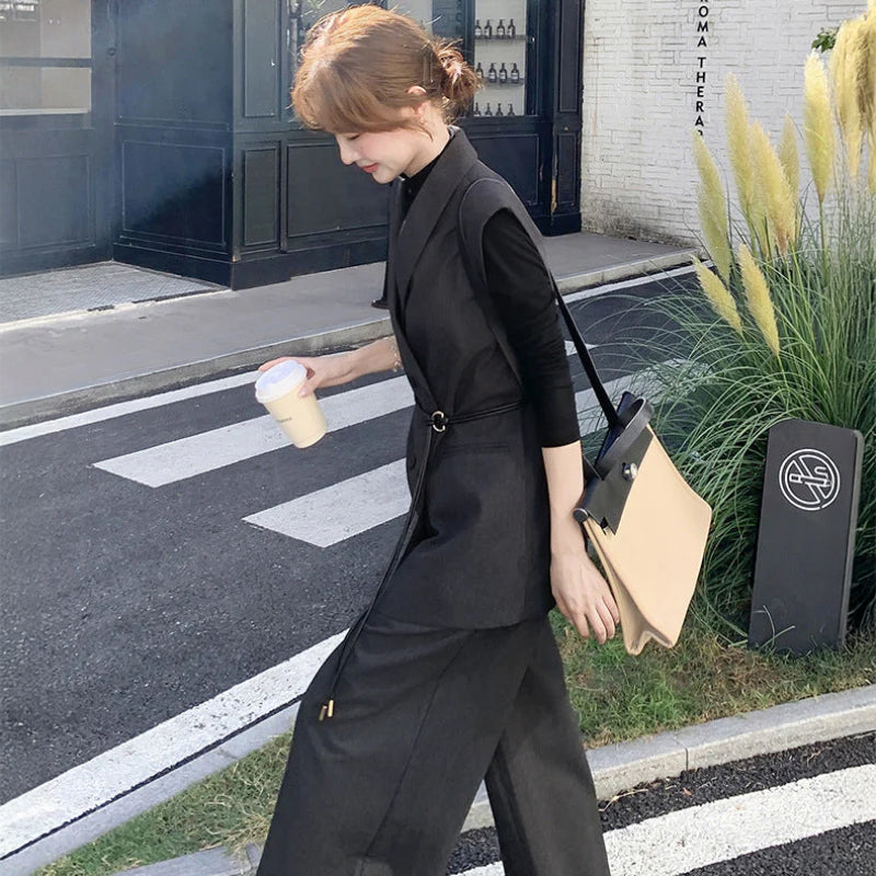スリーブレスジャケット×トップス×ワイドパンツ3点セット (濃灰・黒