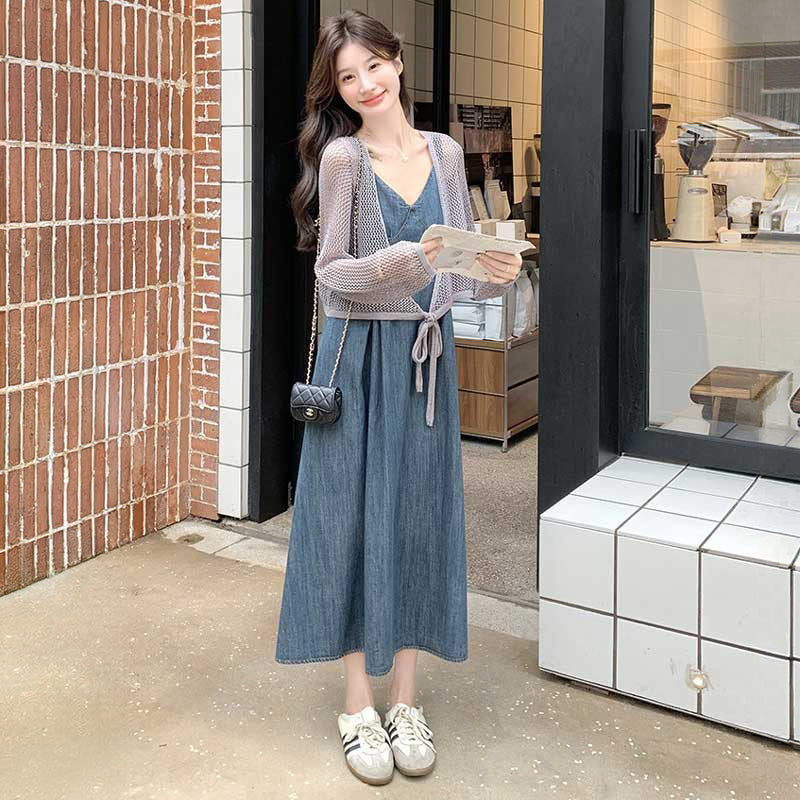 メッシュボレロカーディガン×デニムフレアワンピース