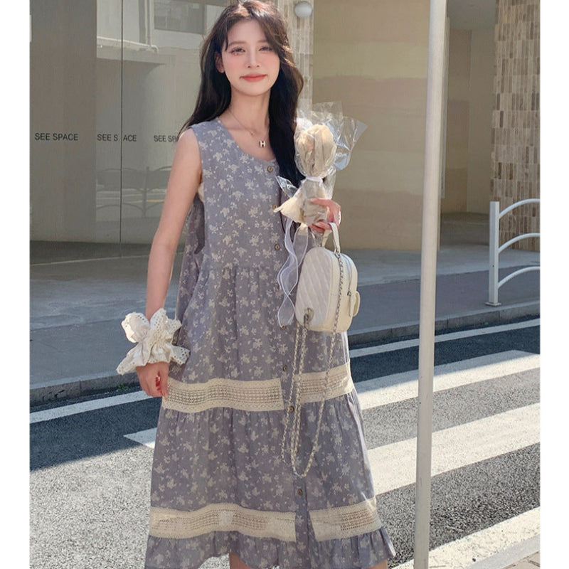 小花柄ノースリーブグレーワンピース