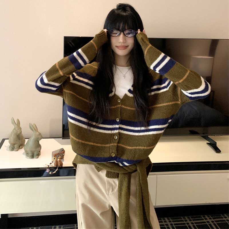 ショール付きボーダーカーディガン