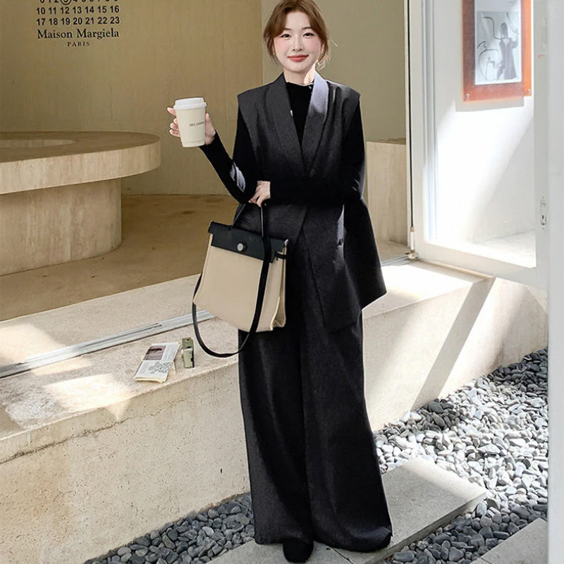 スリーブレスジャケット×トップス×ワイドパンツ3点セット (濃灰・黒