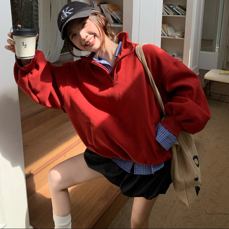 ハーフジップスウェット×チェックシャツ