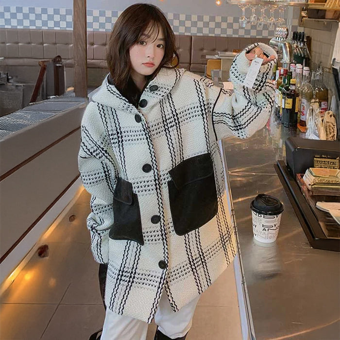 モノトーンチェックミドルコート