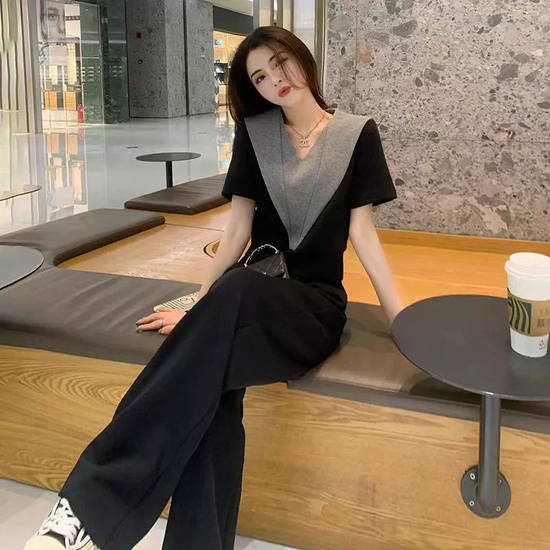 バイカラーニットトップス×パンツセット