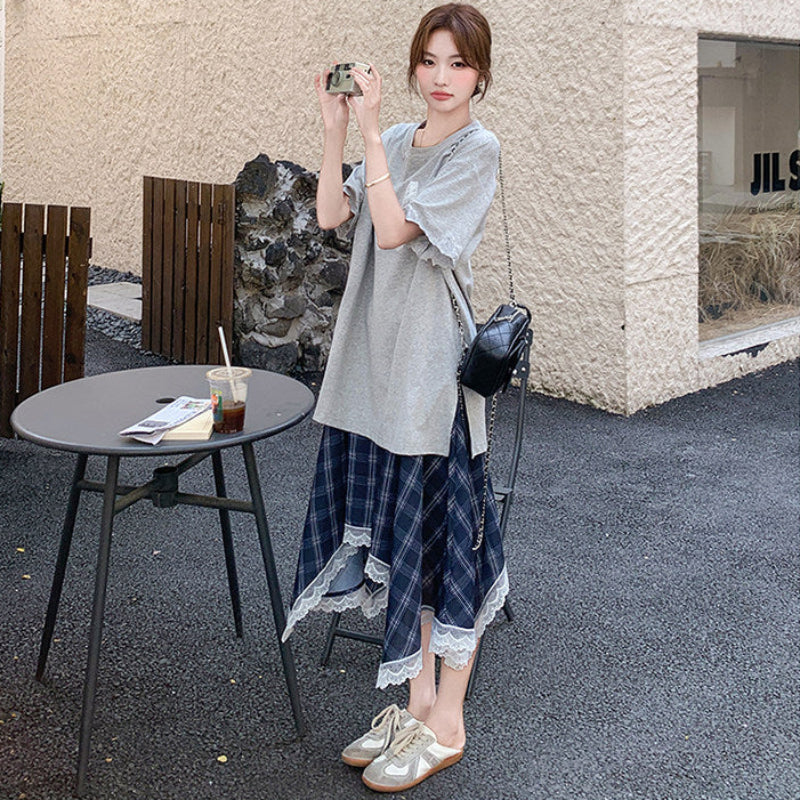 Tシャツドッキングチェックスカートワンピース