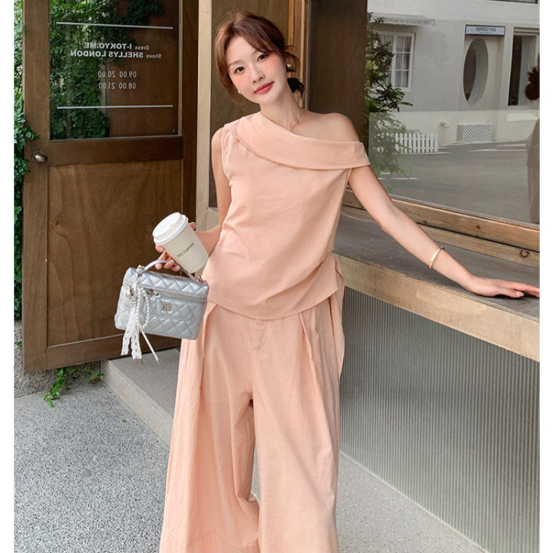 ◆オフショルダー トップス ワイドパンツ セットアップ オフショルダートップス×ワイドパンツ（ピンク）春/夏 上品で