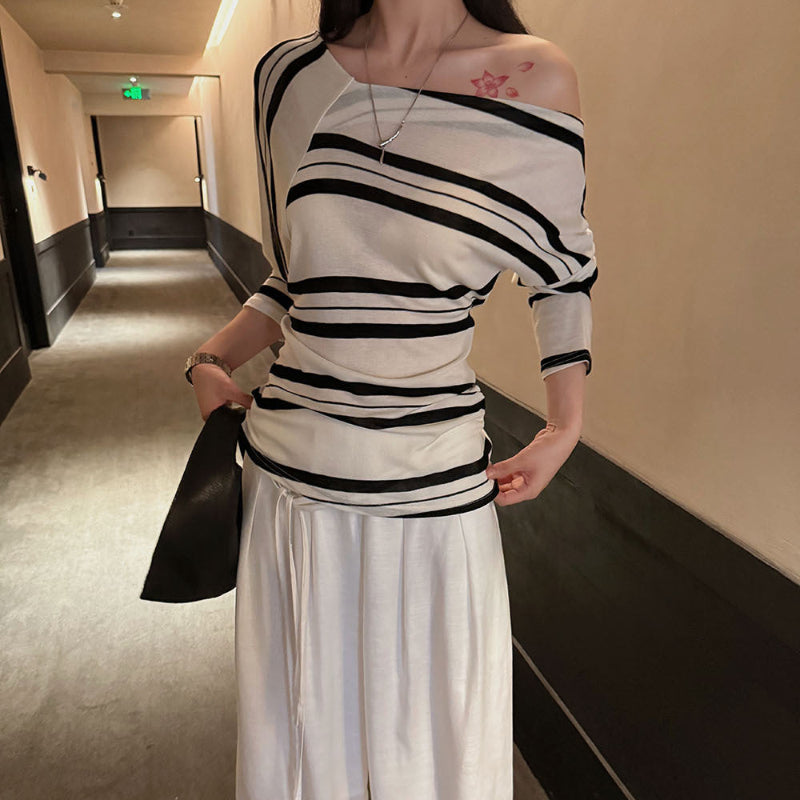 アシメストライプストライプオフショルダートップス(2colors)