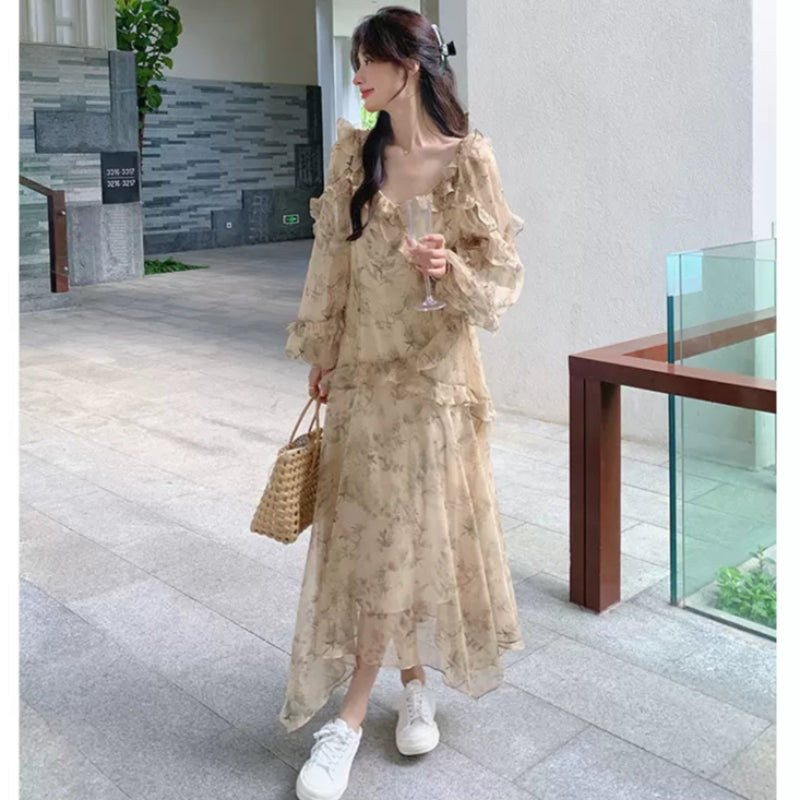 レトロフラワーフリルデザインワンピース