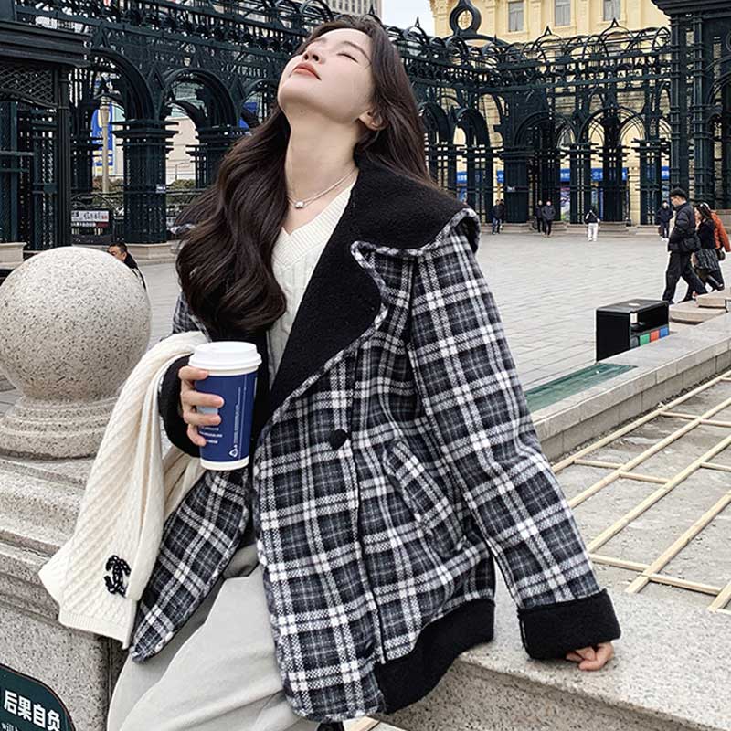 ボア裏ビッグカラーチェックコート