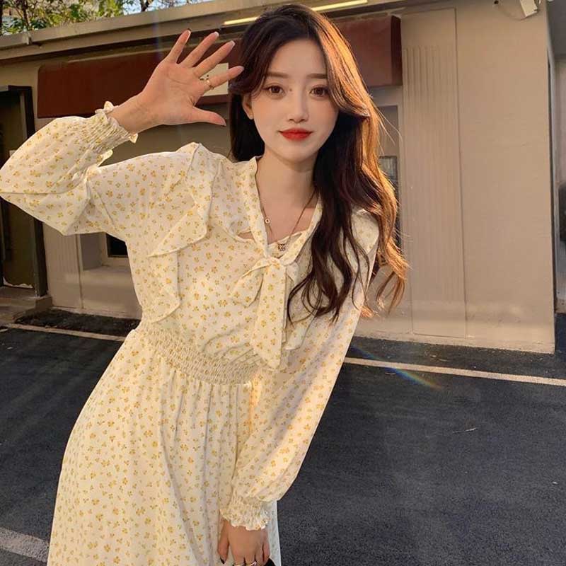 小花柄ボウタイフリルワンピース(3colors)