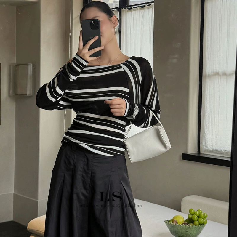 アシメストライプストライプオフショルダートップス(2colors)