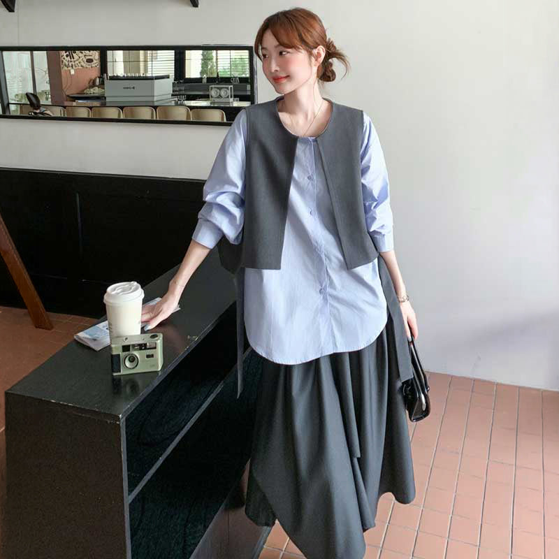 レイヤード風シャツ×ロングフレアスカート