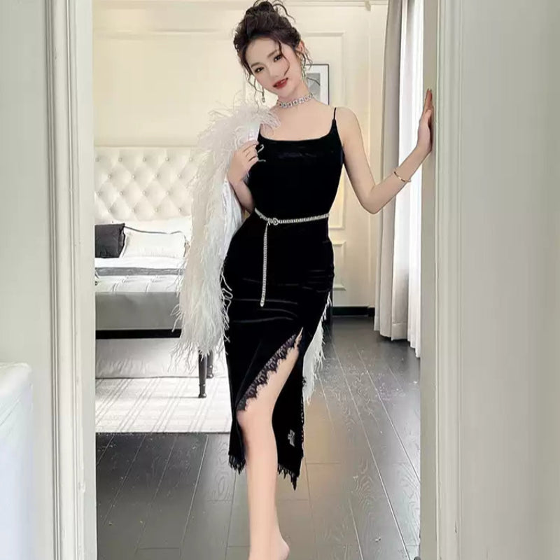 キャミソールブラックベルベットドレス(黒) 春/夏/秋/冬 キャミソールブラックベルベットドレス(黒) 春/夏/秋/冬