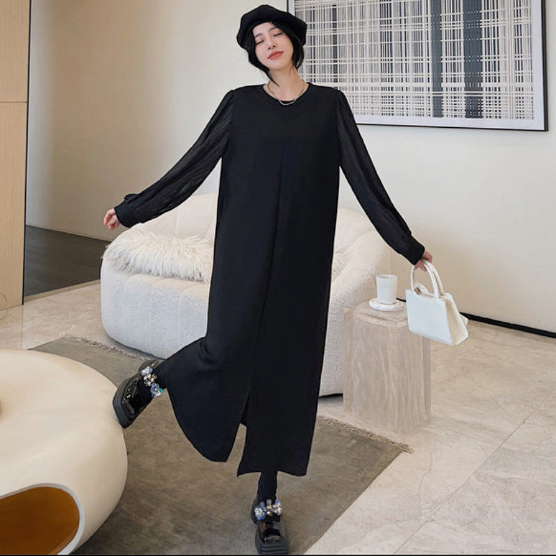 シフォンロングスリーブブラックワンピース