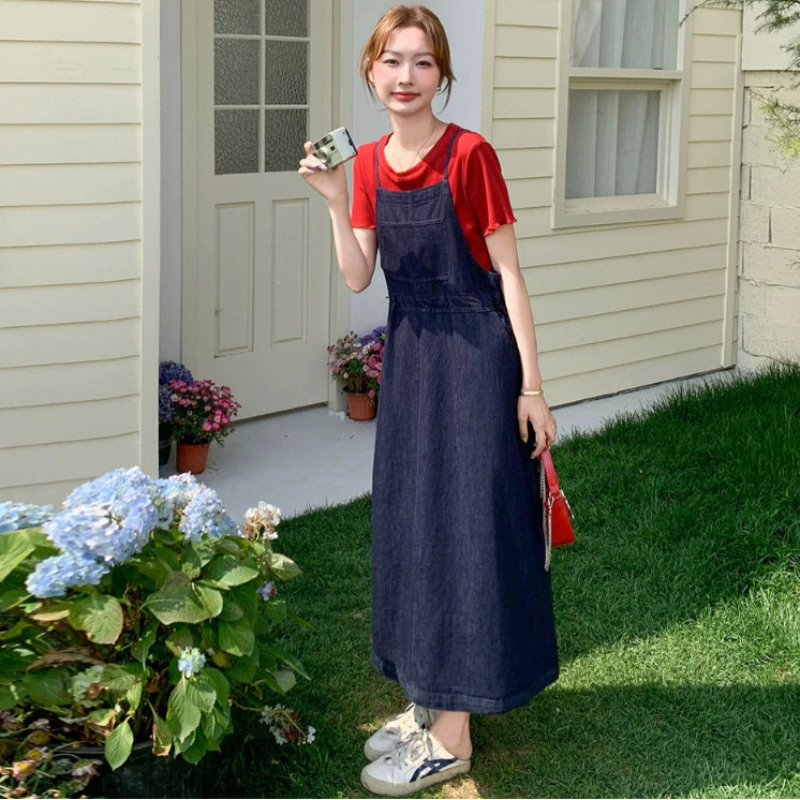 半袖Tシャツ×デニムサスペンダースカートセット