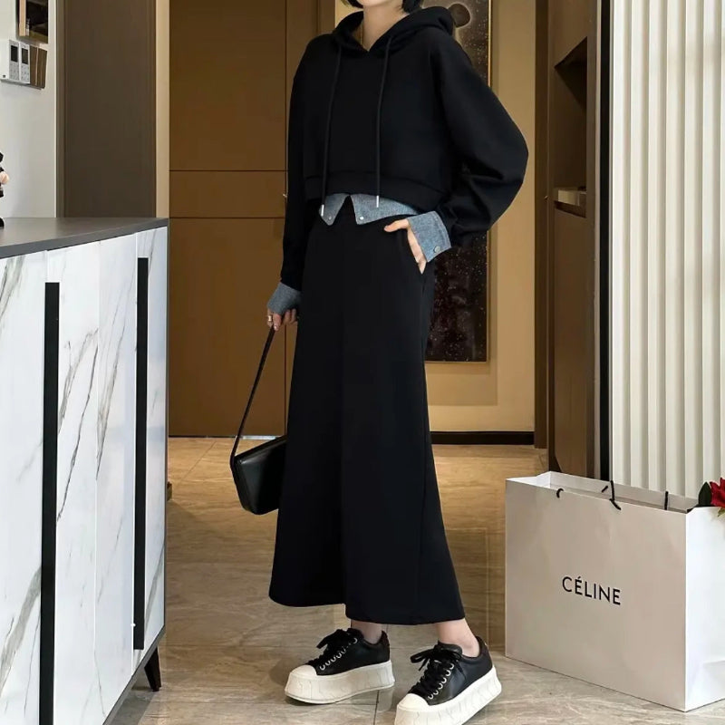 ショート丈パーカー×ロングスカートスウェットセット(2colors)