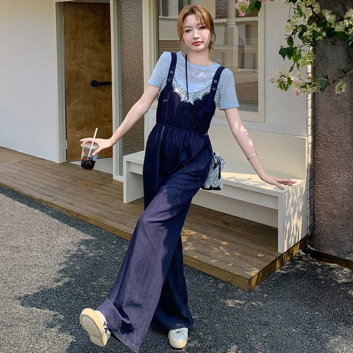 ラウンドネックTシャツ×レースサロペット