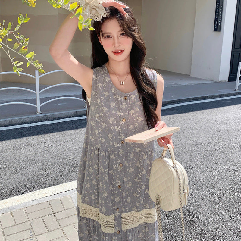 小花柄ノースリーブグレーワンピース